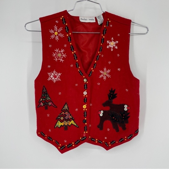 Vintage Christmas vest reindeer tree ugly wool blend - Picture 1 of 4